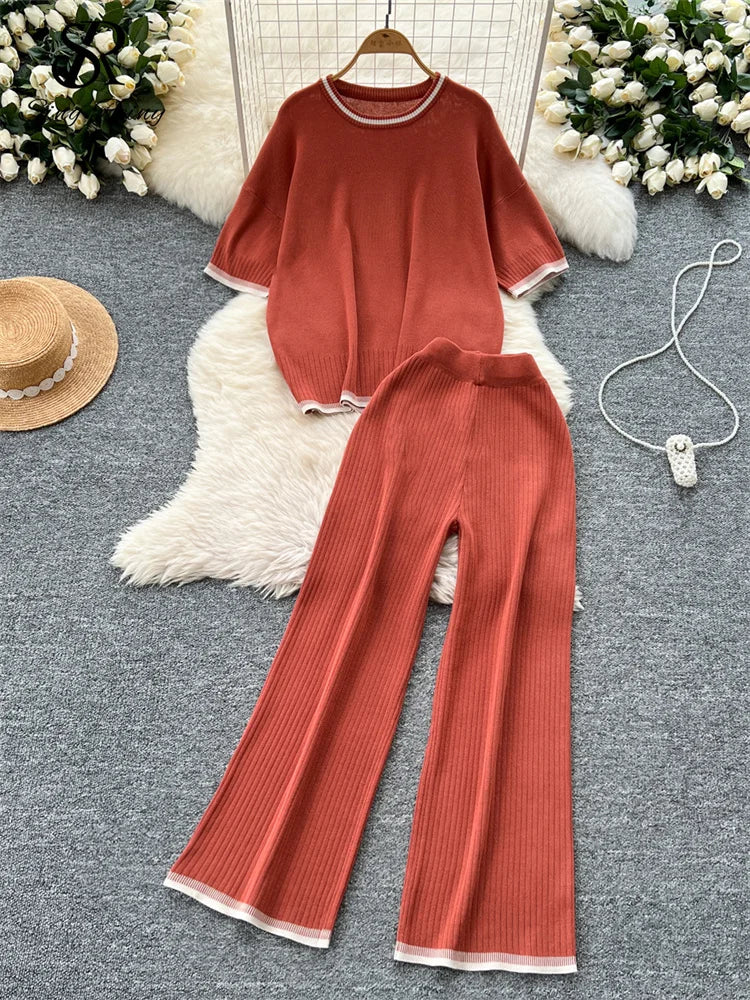 Short Sleeves Loose Top+High Waist Wide Legs Pants