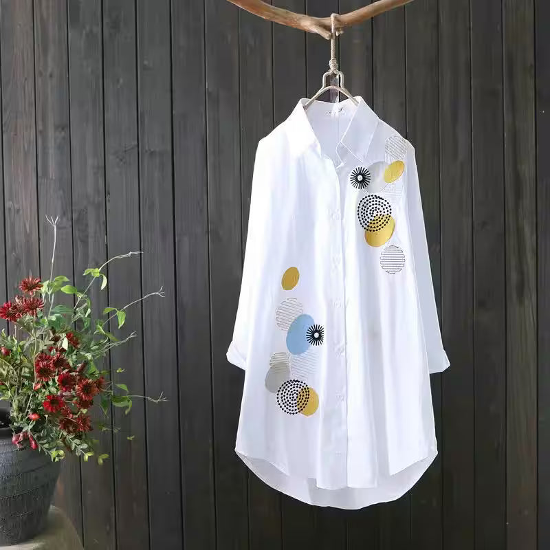Plus Size Mid-length White Embroidered Shirt Top - Women's Fashion - View 8
