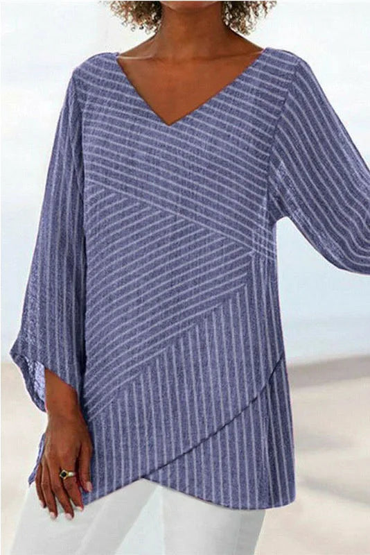 Plus Size Casual Striped Print V Neck Asymmetric