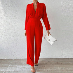 Jumpsuits Long Sleeve V-Neck Ankle Office Lady