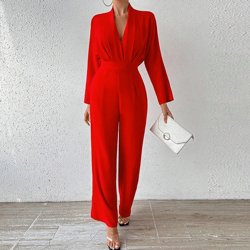 Jumpsuits Long Sleeve V-Neck Ankle Office Lady