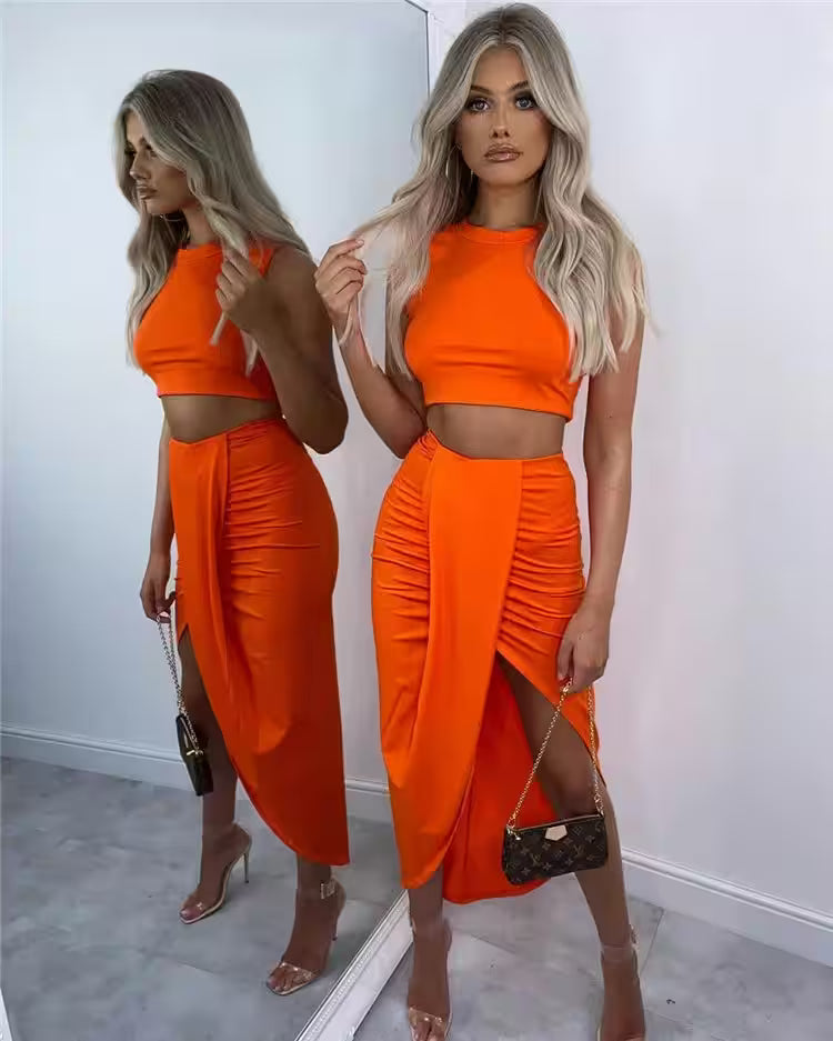 Crop Tank Top & Ruched Asymmetrical Hem Split Skirt Set - Additional View 8