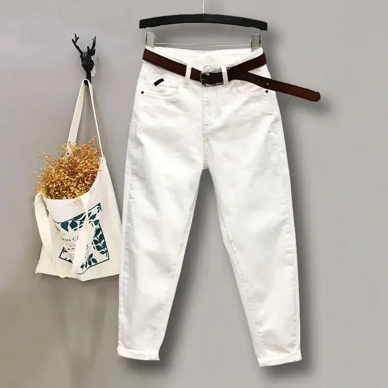 Jeans White High Waist Skinny Cropped Tappered Casual Pantalones