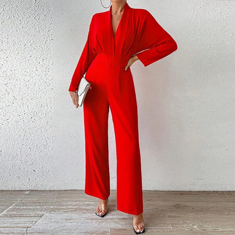 Jumpsuits Long Sleeve V-Neck Ankle Office Lady