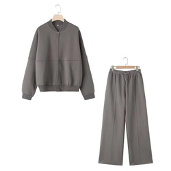 2-piece Retro Solid Color Zipper Bomber Jacket