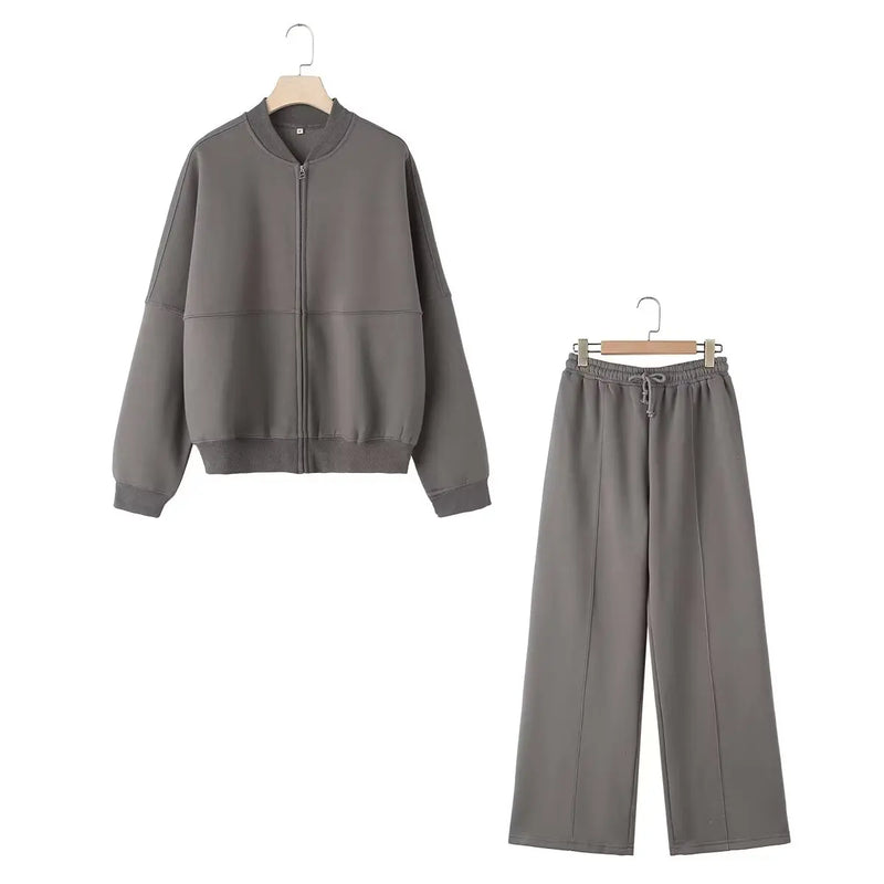 2-piece Retro Solid Color Zipper Bomber Jacket