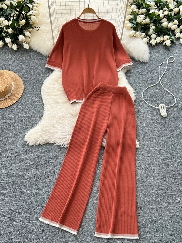 Short Sleeves Loose Top+High Waist Wide Legs Pants