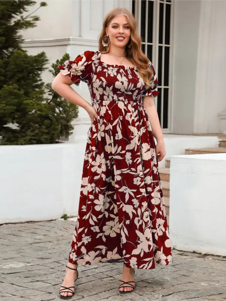Plus Size Square Collar Dress Floral Print Fashion