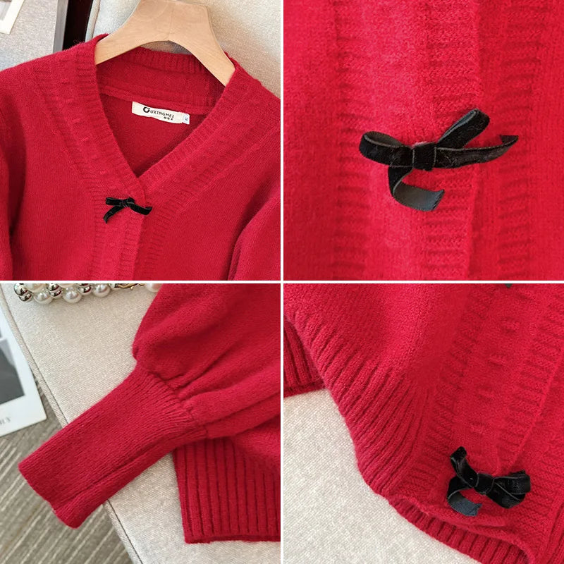 Plus Size Bust 150kg Spring  Loose V-Neck Bow Sweater