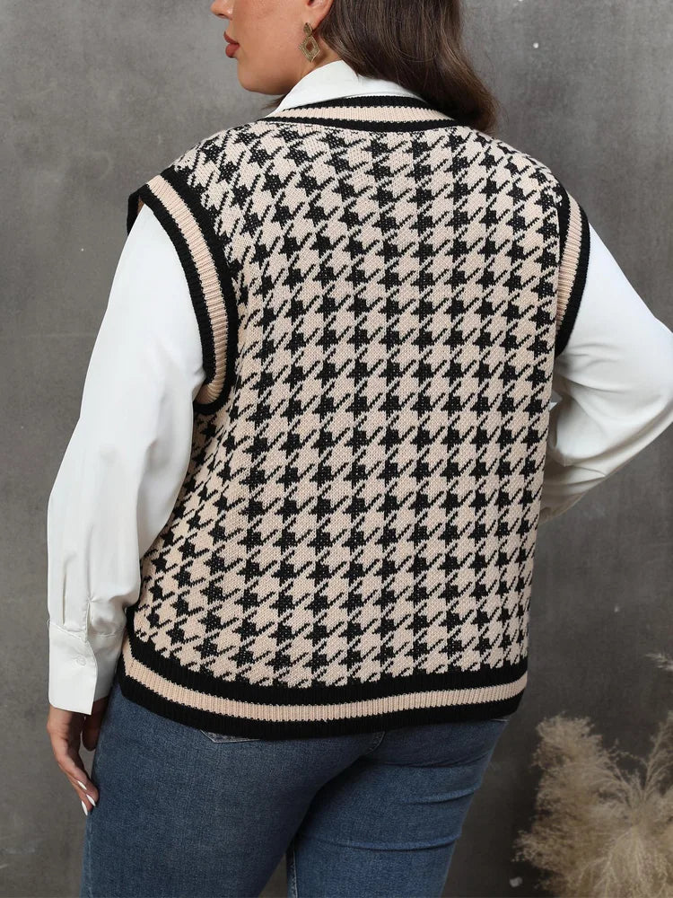 Plus Size Vintage Houndstooth Knitted Sweater Tops