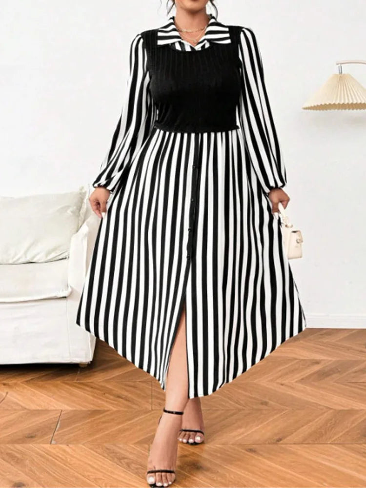 Plus Size Black And White Striped Shirt Dress