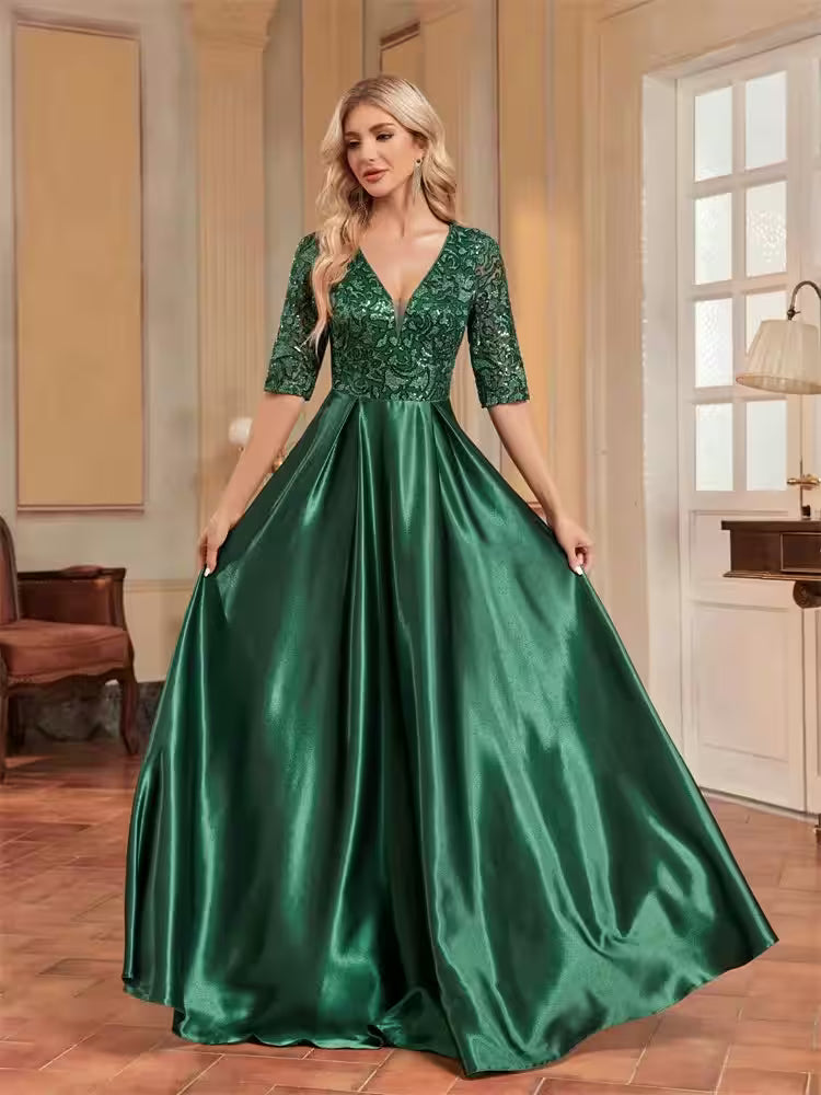 Luxury Short Sleeve Green Satin V-Neck Dress - Additional View 3