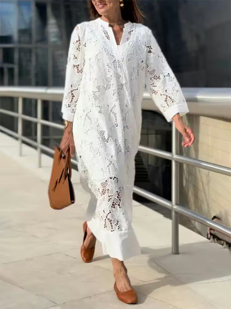 Women's Spring V-neck lace midi dress - Women's Fashion - View 4