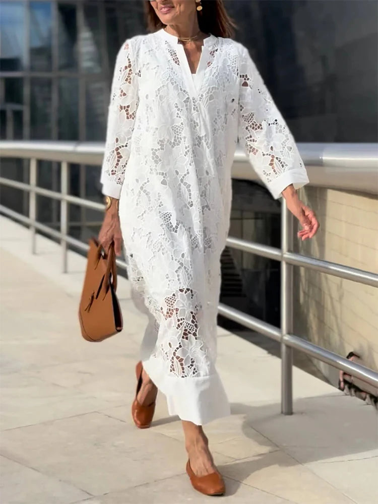 Women's Spring V-neck lace midi dress