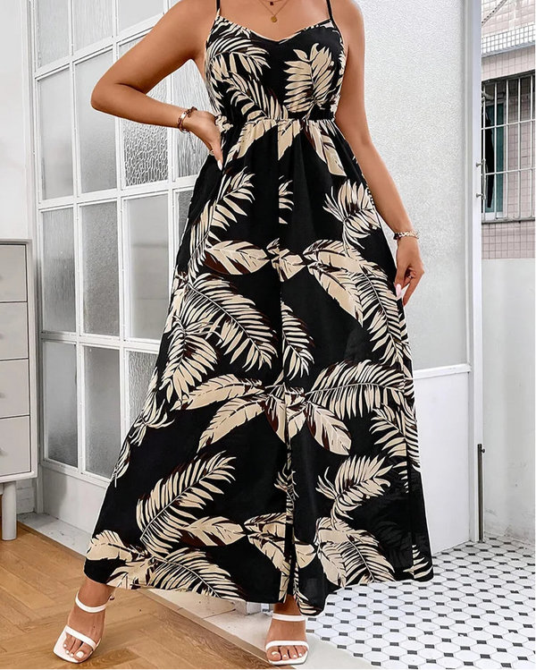 Plus Size Tropical Print Cami Jumpsuits