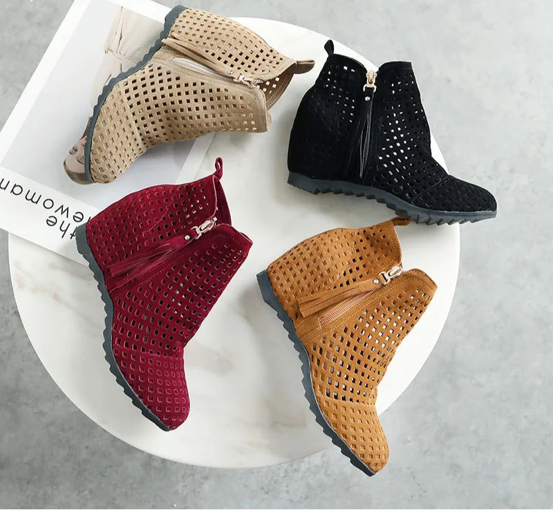 Boots Flat Low Hidden Wedges Cutout Zip