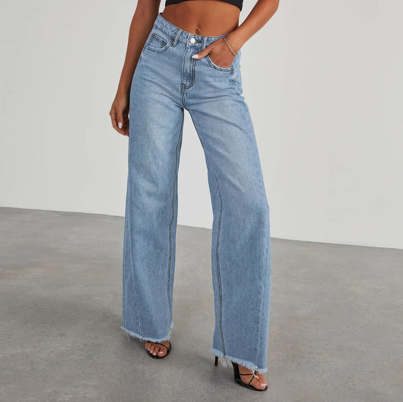 Wide Leg Side Seam Stitching Frayed Hem Jeans