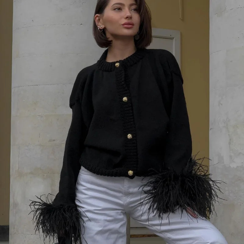 Patchwork Feather Cuffs O-neck Cardigan