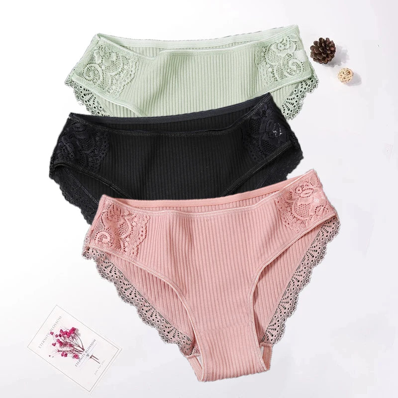 Floral Lace Cotton Panties Underwear Comfortable Lingerie 3PCS/Set