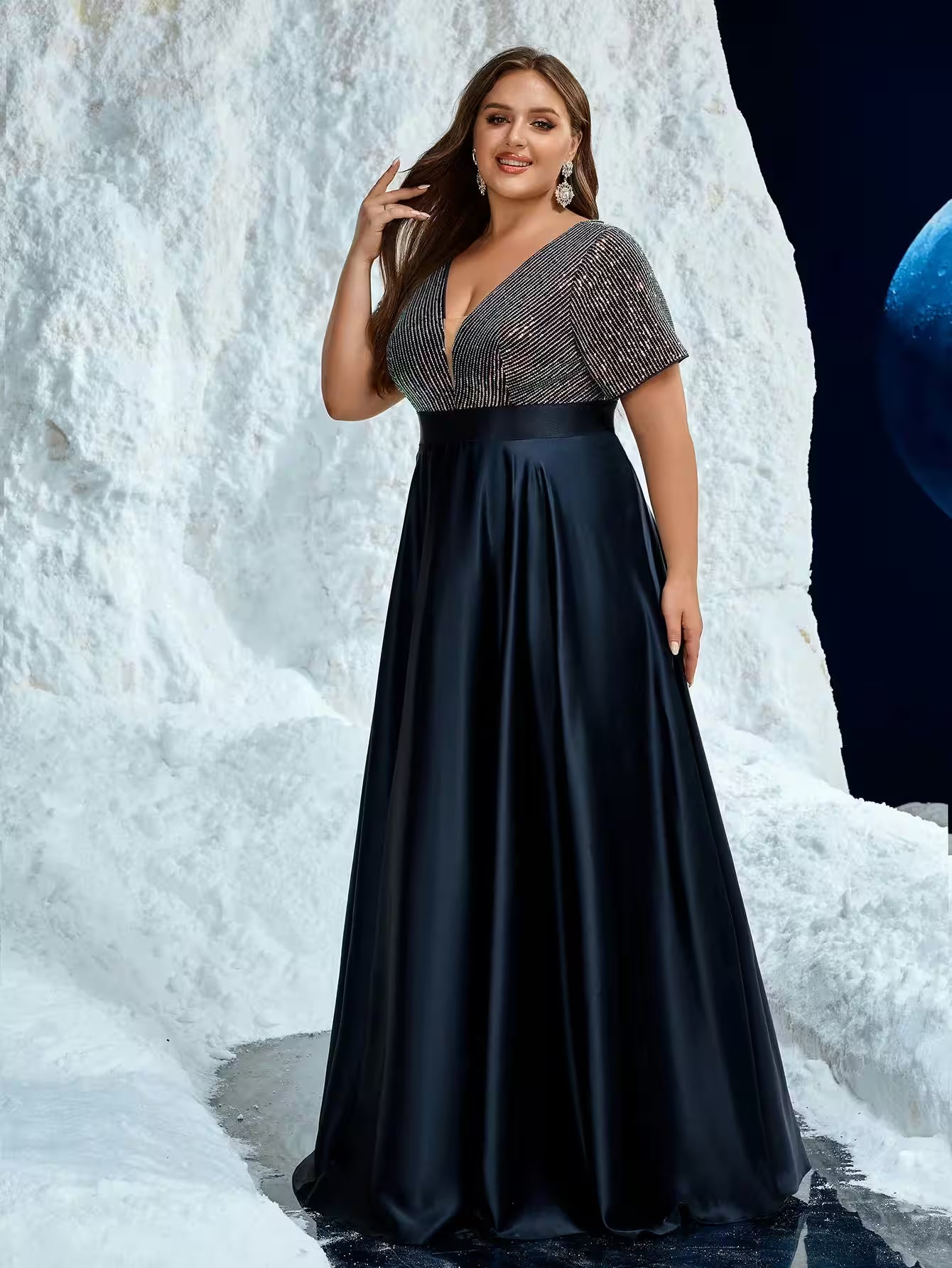 Plus V-Neck Glitter Satin Formal Evening Dress - Additional View 3