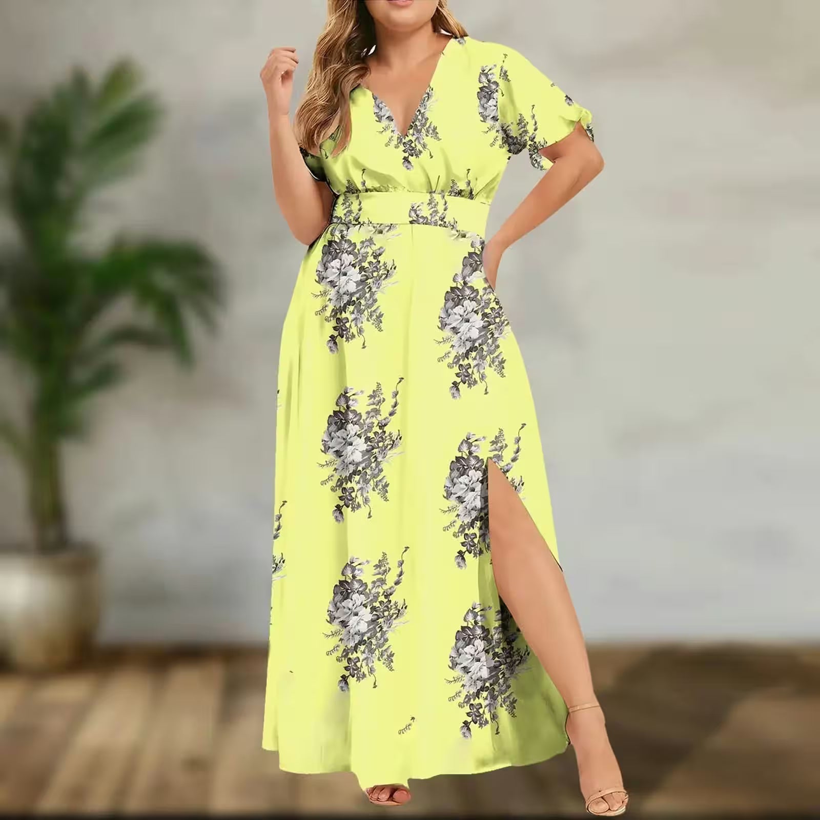 Plus Size  Slit Flower Print Short Sleeve Dress - Additional View 6