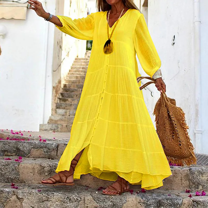 V-Neck Loose Long Sleeve Cotton And Linen Dress