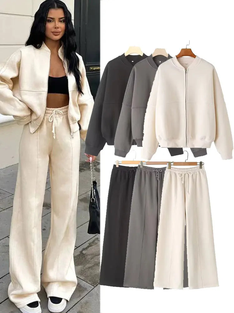 2-piece Retro Solid Color Zipper Bomber Jacket