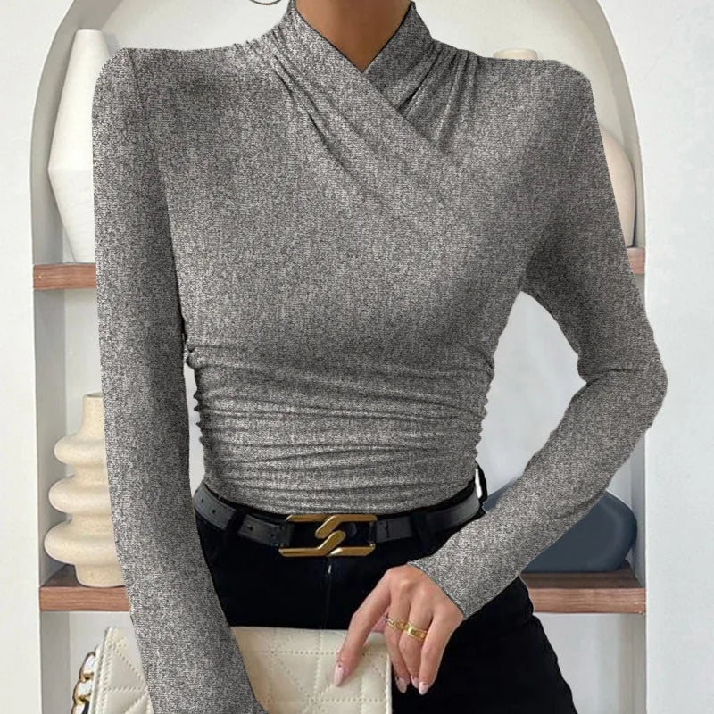 T-Shirt Long Sleeve Autumn/Winter Casual Slim Cross Neck Sexy