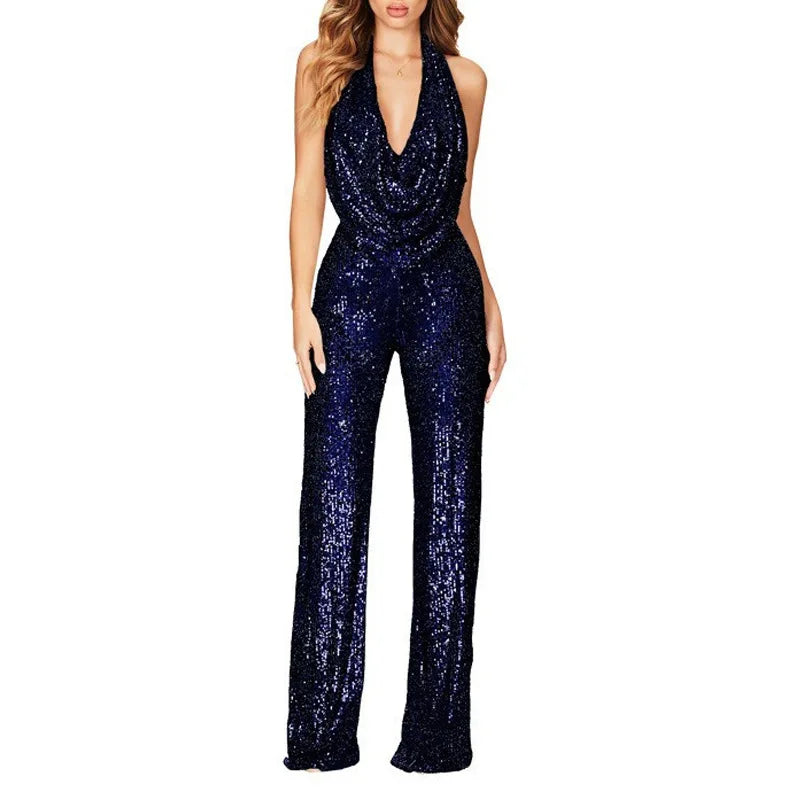 Sexy Folds Deep V-neck Sequin Jumpsuits Slim