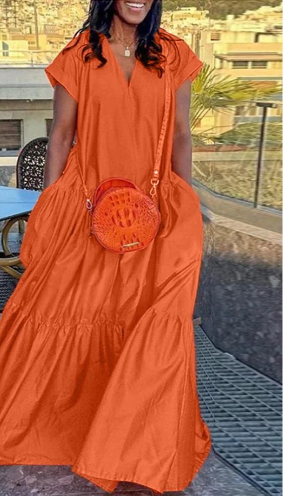 Plus Size Bohemian Dress Solid Color Casual