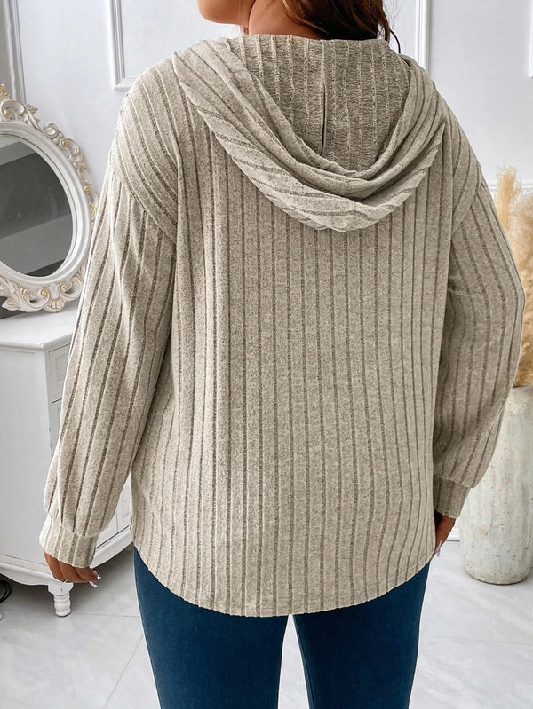 Plus Size Top V-neck Hooded Long Sleeved