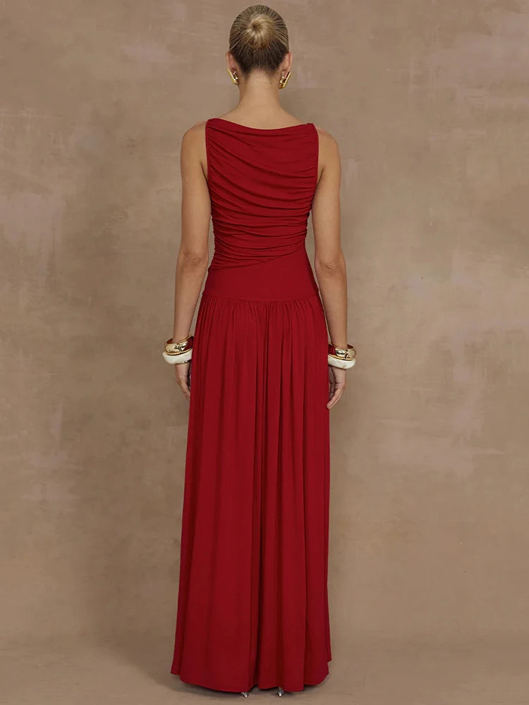 Women's Boat Neck Tank Dress - Sexy Ruched Long Gown