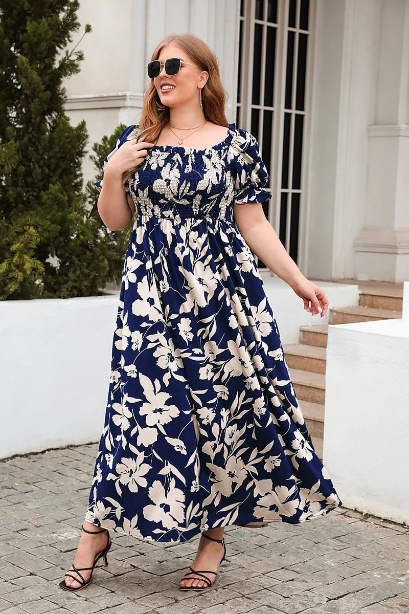 Plus Size Square Collar Dress Floral Print Fashion
