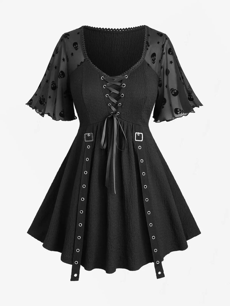 Plus Size T-Shirt Black Skulls Stars Tops Costumes