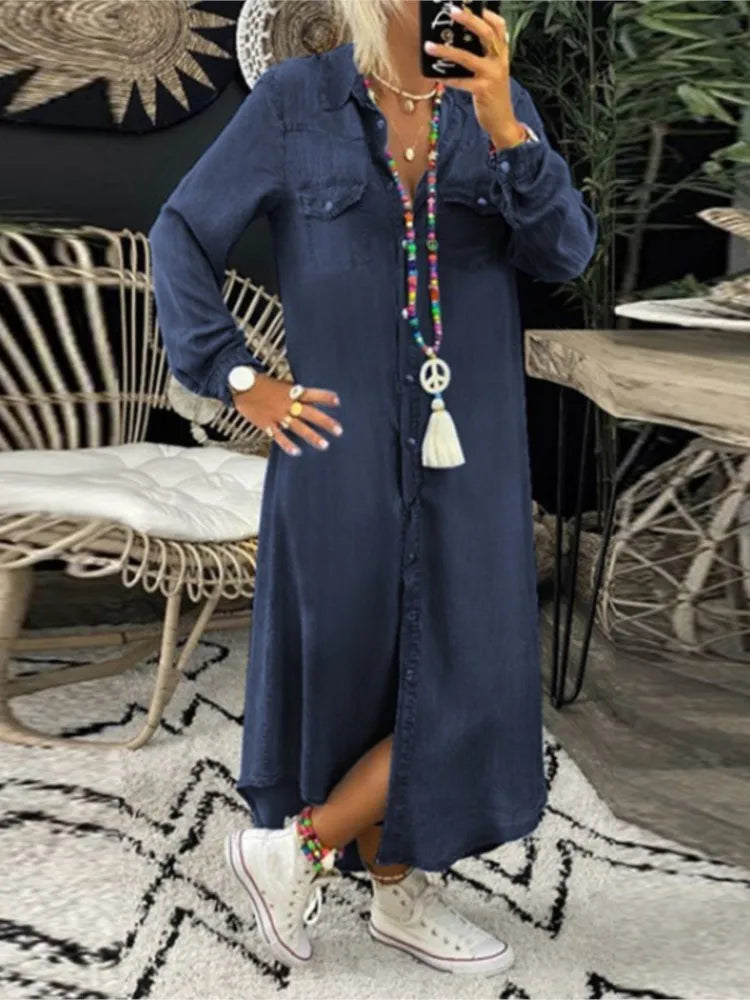 Plus Size Casual Dress Elegant Button Long Sleeve
