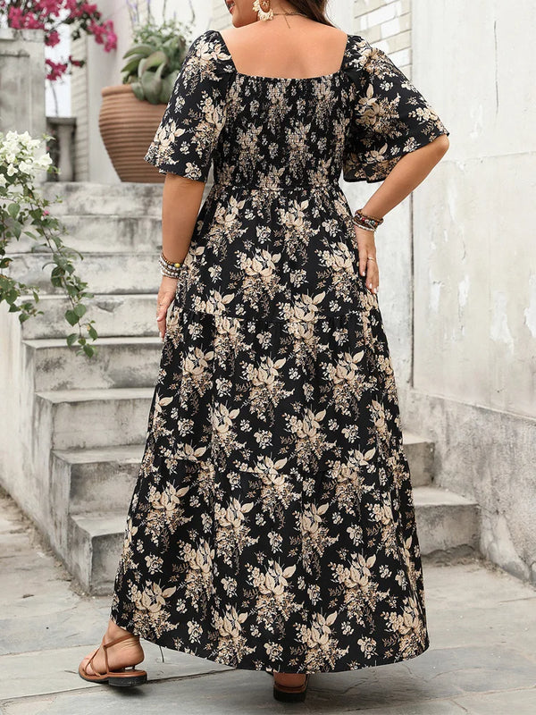 Plus Size Square Neck Floral Print Maxi Dress