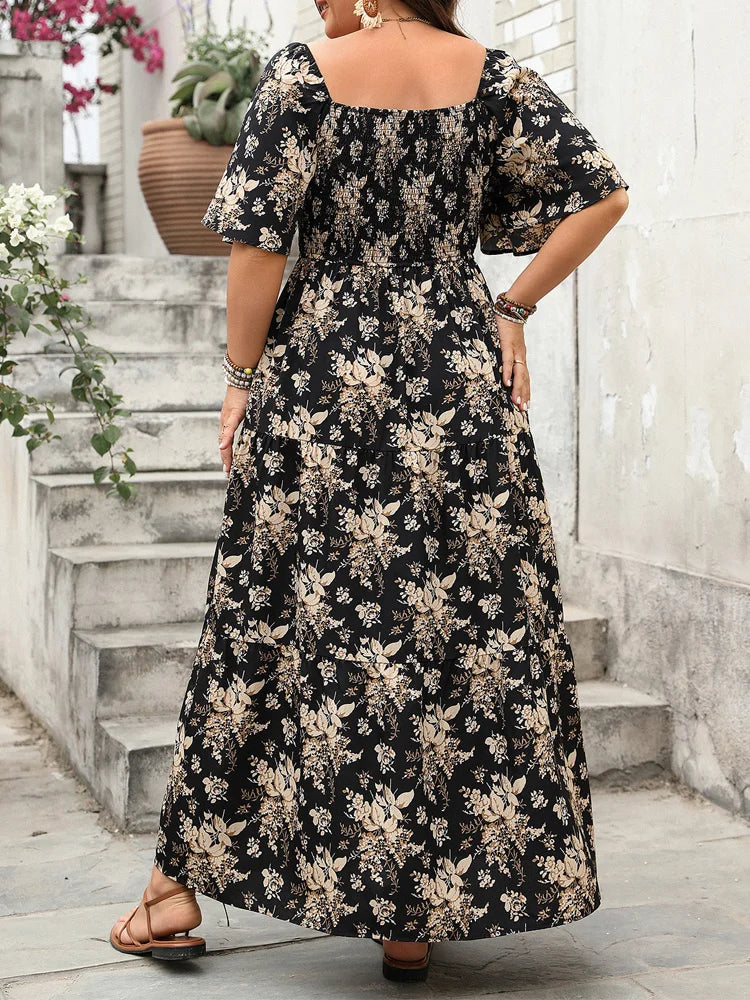 Plus Size Square Neck Floral Print Maxi Dress