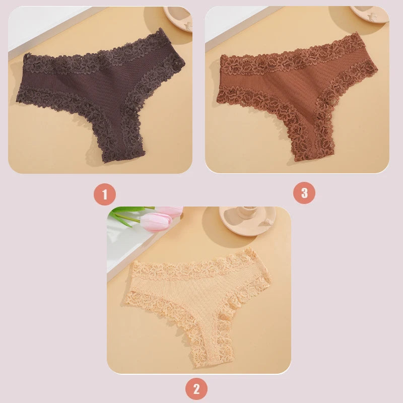 3PCS Lace Seamless Cotton Panties Ribbed Brazilian