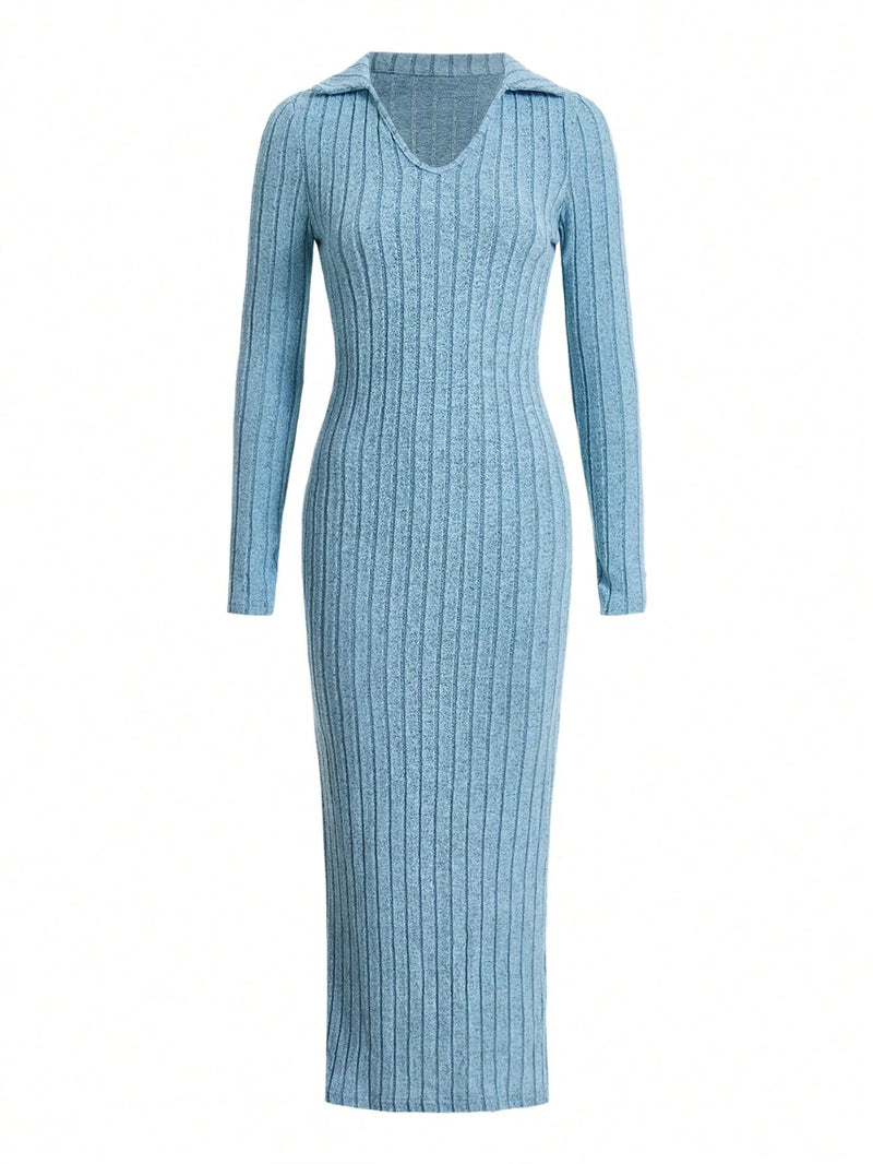 Sexy knit V-neck reverse neck split dress autumn winter