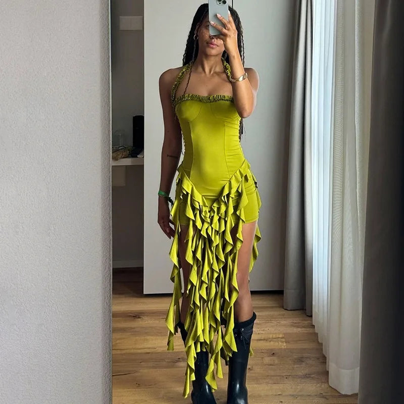 Women's Halter Mini Dress - Sleeveless Summer Party Dress with Ruffle Details