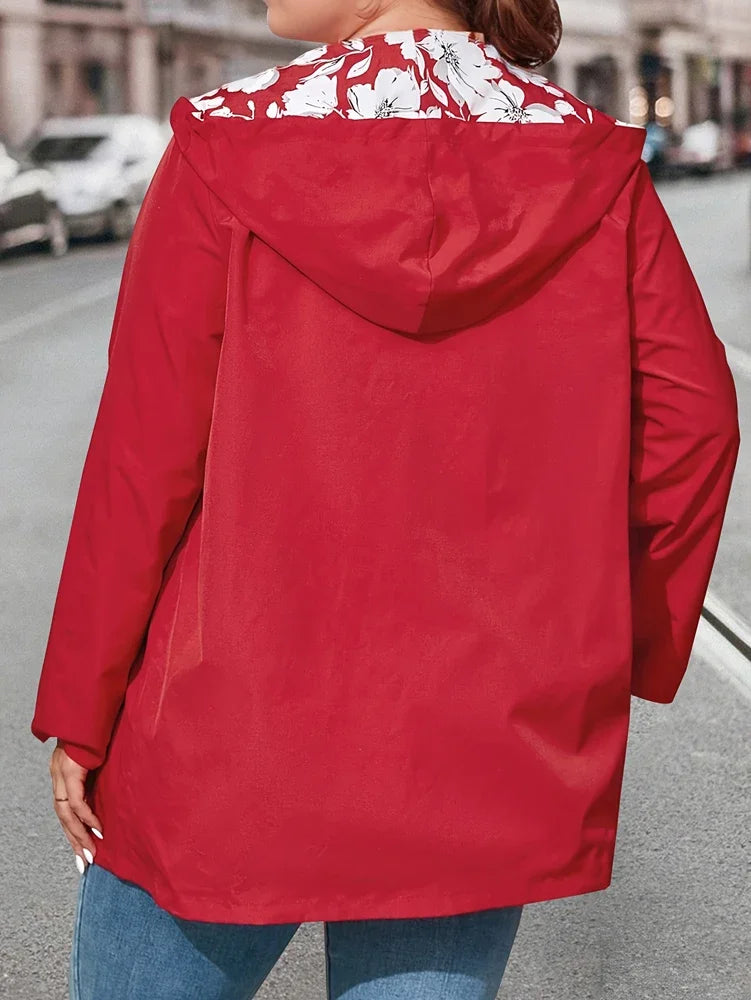 Plus Size Floral Print Hooded Zip Hooded Jacket