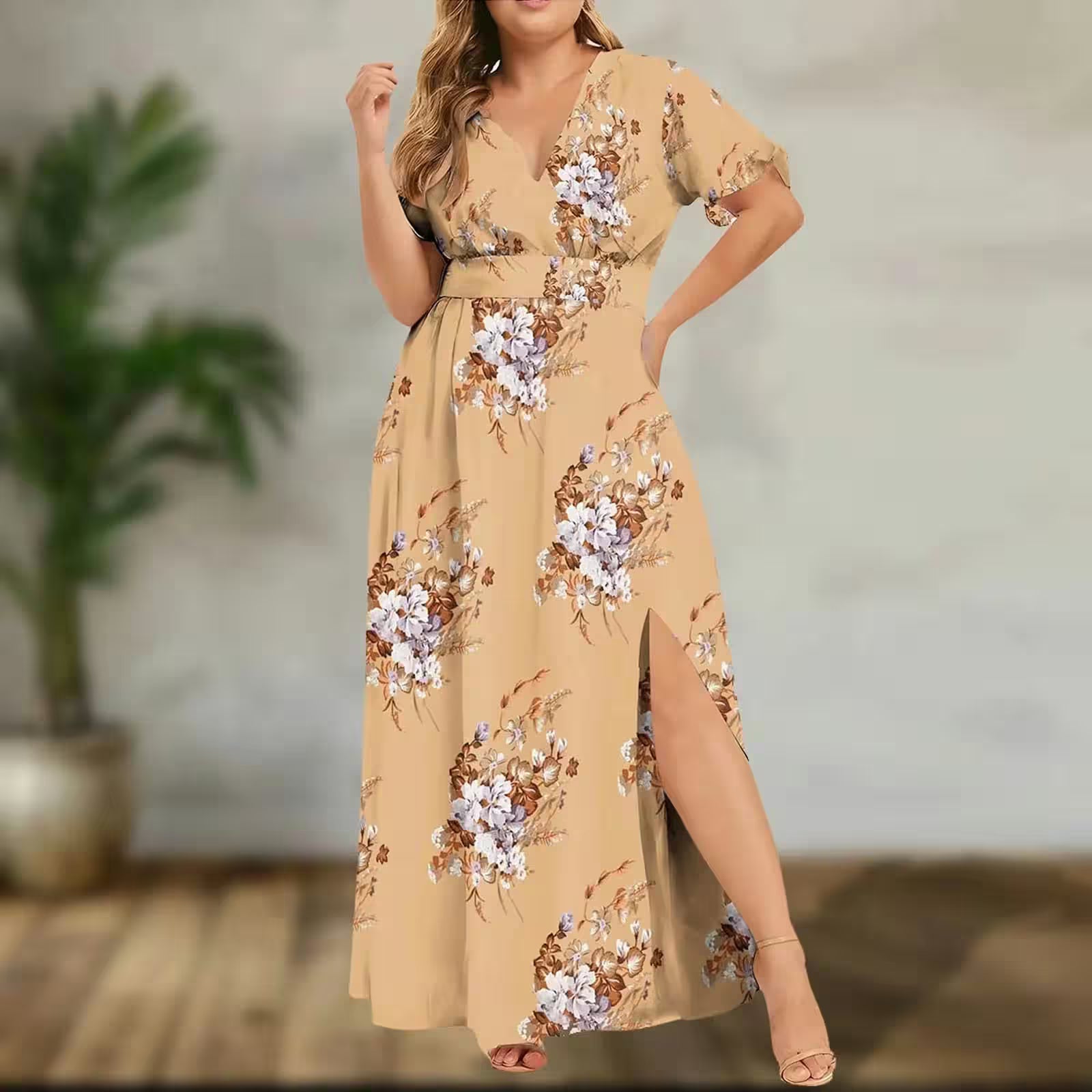 Plus Size  Slit Flower Print Short Sleeve Dress - Additional View 5