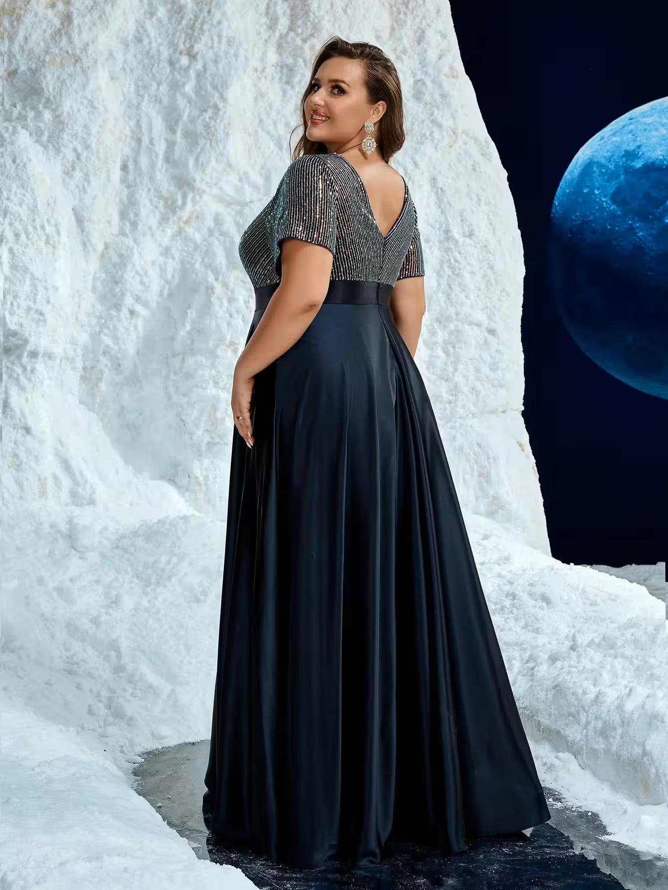 Plus V-Neck Glitter Satin Formal Evening Dress - Additional View 2