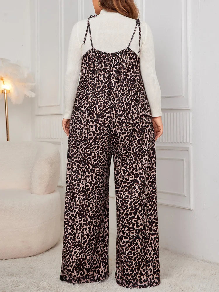 Plus Size Leopard Print Tie Shoulder Jumpsuits