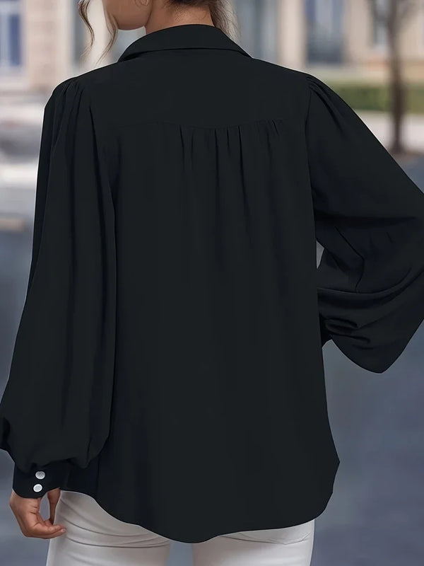 Plus Size Front Open Button Lantern Sleeve Casual