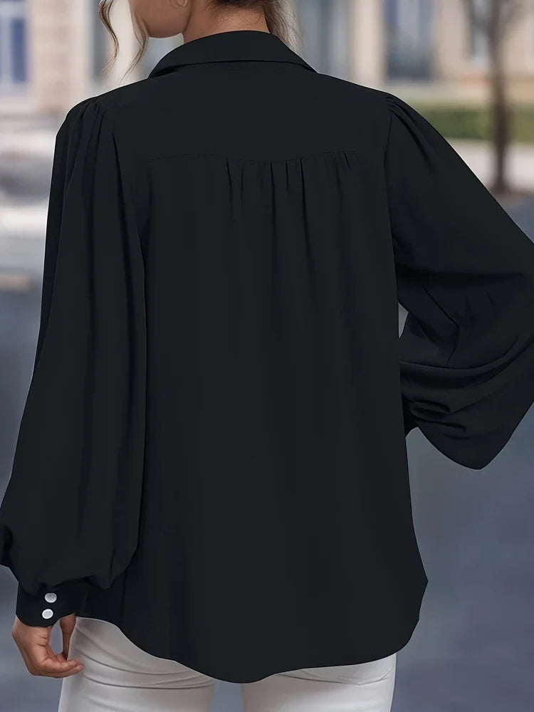 Plus Size Front Open Button Lantern Sleeve Casual