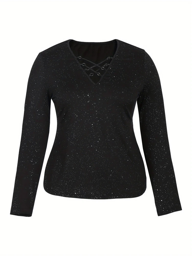 Plus Size Glitter Criss Cross Deep V Neck Long Sleeve