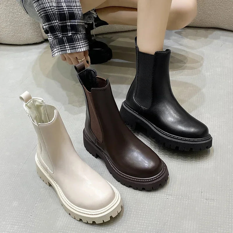 Leather Platform Short Boots Slip Elastic