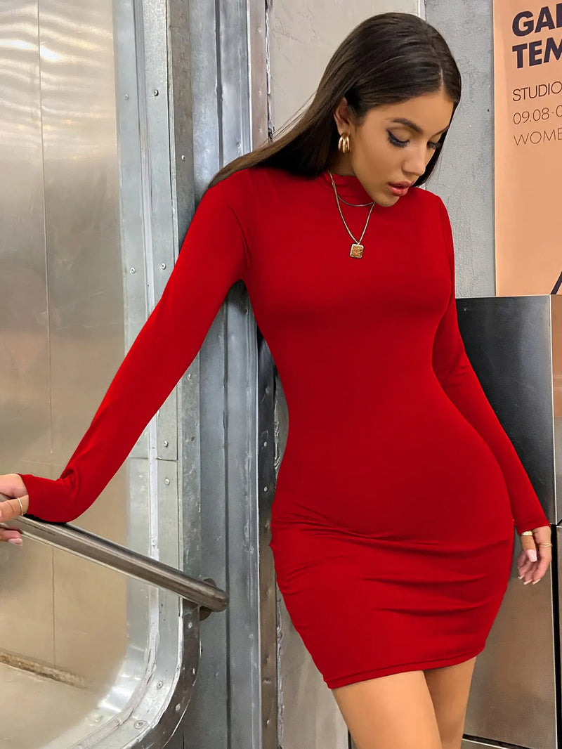 Slim Bodycon Mini Dress Turtleneck Pleated Party Ruched Short