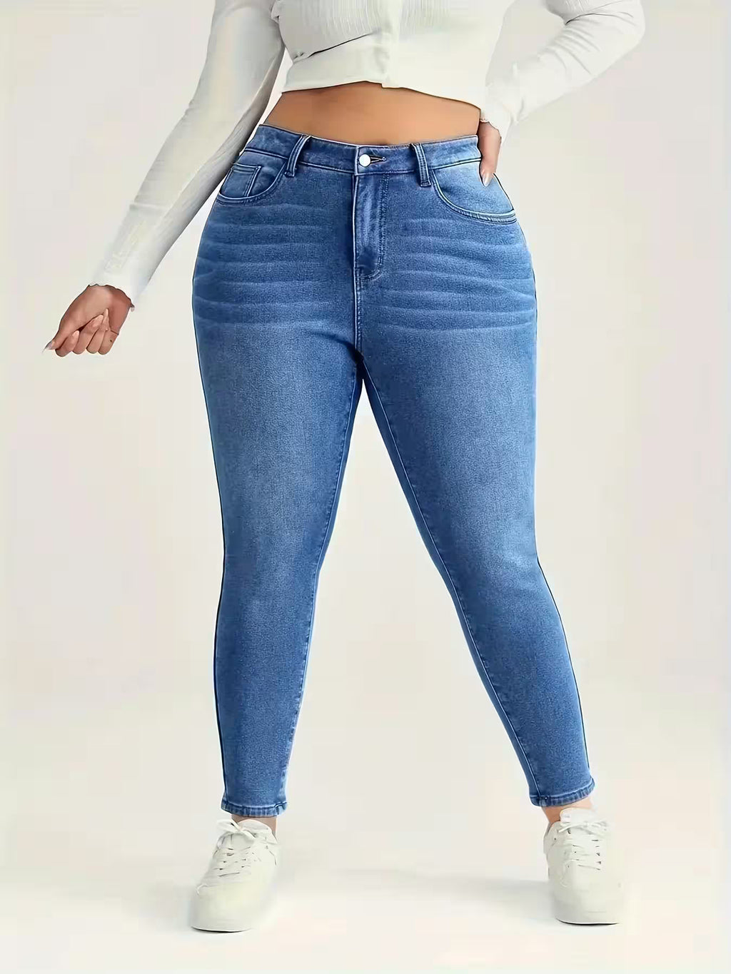 Plus Size Washed Blue Jeans High Waist - Women's Fashion - View 4